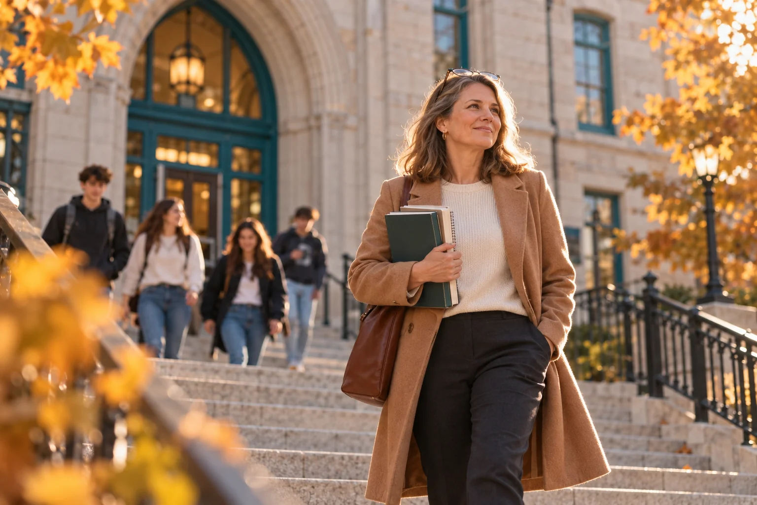 A woman in her forties walking down the steps of a stone college building after class, holding textbooks and smiling proudly.