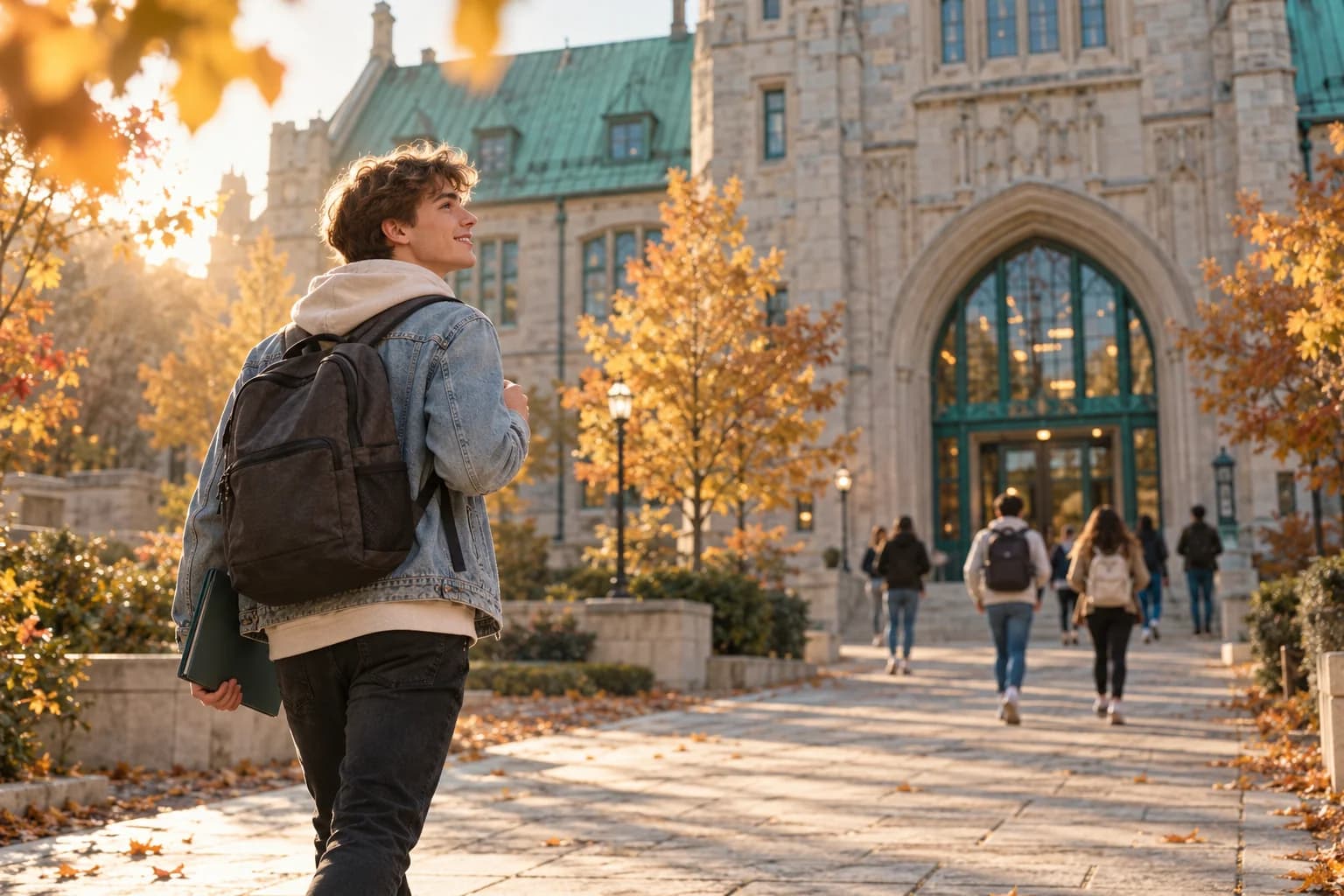 A recent high school graduate with a backpack walking toward a stone college building with teal doors on a sunny autumn morning, smiling as he looks up at it.